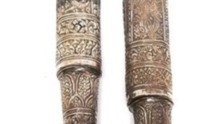Signed Antique Laotian Silver Stag Horn Ornate Knives