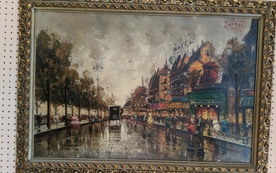 Signed Pierue? French Street Scene Large Oil Painting