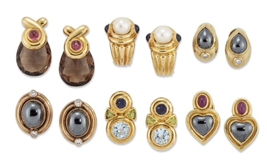 Six pairs of gem-set earrings, variously set with hematite cabochons, accented with ruby, sapphire and diamond detail. (12)