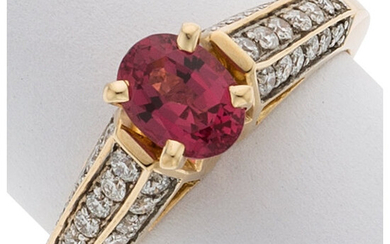 Spinel, Diamond, Gold Ring The ring features an oval-shaped...