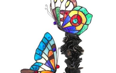 Stained Art Glass Double Butterfly Lamp