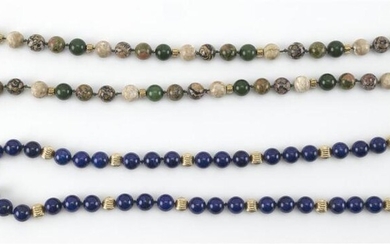 TWO HARDSTONE BEAD NECKLACES 1) 14kt gold and...