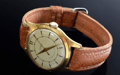Steel-gilt "anchor" wristwatch, manual winding, large second, line and dot indices, brown leather strap with nickel-plated pin buckle, around 1950, 4x3,5cm, operable (no guarantee on movement and functionality)