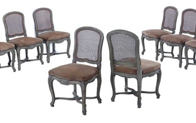 TEN PAINTED FRENCH LOUIS XV STYLE CANE BACK DINING CHAIRS...