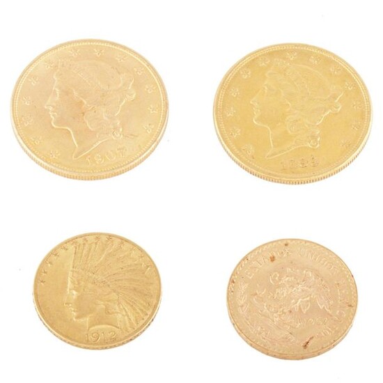 THREE AMERICAN GOLD COINS AND A MEXICAN COIN.