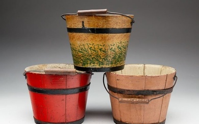 THREE PAINT-DECORATED CHILD'S BUCKETS (PAILS) ONE WITH FINE SPONGE-DECORATION.