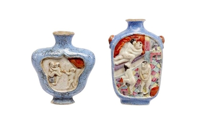 TWO CHINESE MOULDED FAMILLE ROSE SNUFF BOTTLES