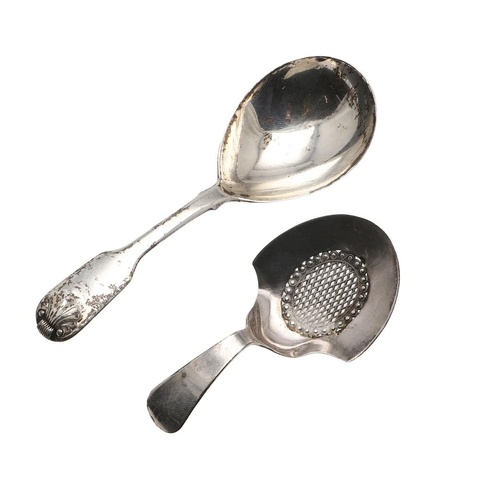 TWO GEORGE III SILVER CADDY SPOONS. one with a hoof-shaped b...