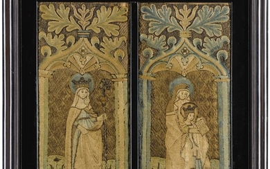 TWO MEDIEVAL OPUS ANGLICANUM EMBROIDERED ECCLESIASTICAL VERTICAL FRAGMENTS, ENGLISH, LATE 14TH CENTURY