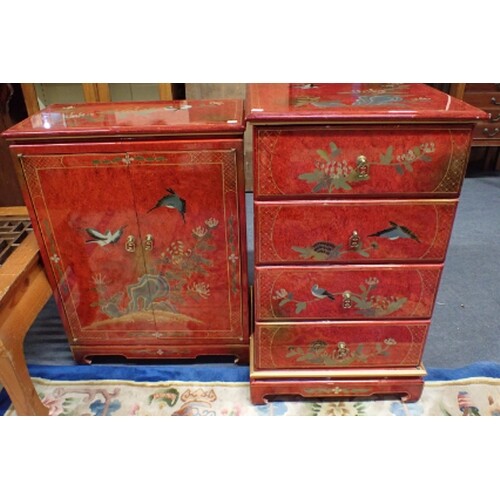 TWO MODERN CHINESE RED LACQUER CABINETS, PROFUSELY DECORATED...