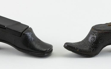 TWO SHOE-FORM LEATHER-CLAD SNUFF BOXES 19th Century
