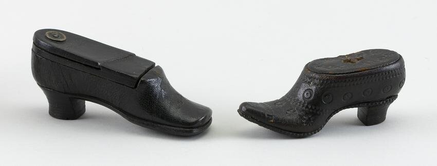 TWO SHOE-FORM LEATHER-CLAD SNUFF BOXES 19th Century