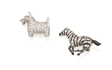 TWO WHITE GOLD, DIAMOND AND ENAMEL ANIMAL BROOCHES