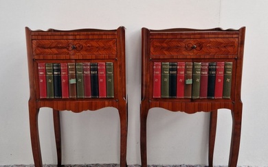 Table de Chevet in Marquetry - Faux Boekenreeks - Nightstand (2) - Napoleon II style - Bronze, Mahogany, Satinwood, Bois de Rose