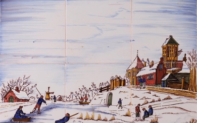 Tableau en faïence polychrome à six marches, Frise, 20e siècle. Décor d'un paysage d'hiver hollandais...