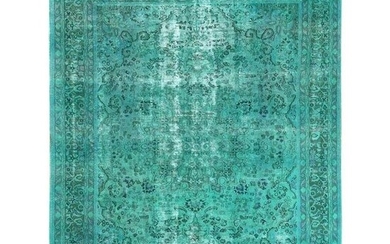 Teal Green Vintage Overdyed Persian Tabriz Worn Wool