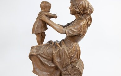 Terracotta sculpture of Mother and child, 19th century, signed Dublanc