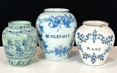 Three Antique Delftware Blue And White Jars