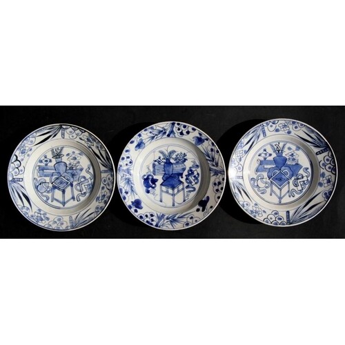 Three Chinese blue & white Kangxi style shallow dishes, ...
