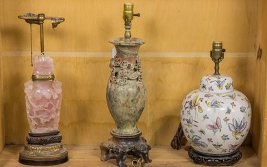 Three Chinese table lamps, comprising carved rose pink quartz vase, late Qing Dynasty, 30??h;