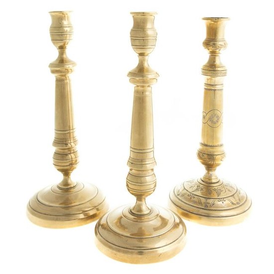 Three French Brass Candlesticks