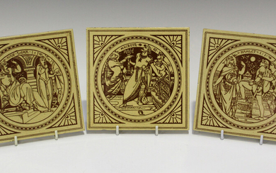 Three Mintons Shakespeare subject tiles, designed by John Moyr Smith, late 19th century, comprising