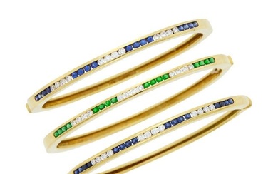 Three Tiffany & Co. Gold, Sapphire, Emerald and Diamond Bangle Bracelets