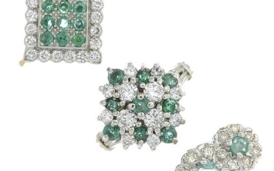 Three gold emerald and diamond dress rings.Estimated