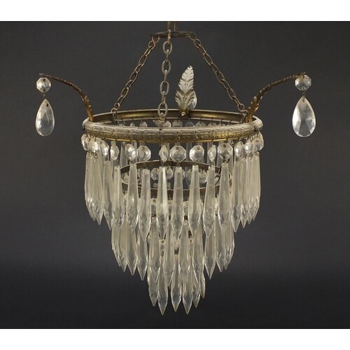 Three tier brass bag chandelier with cut glass drops, 29cm i...