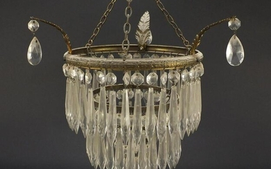Three tier brass bag chandelier with cut glass drops