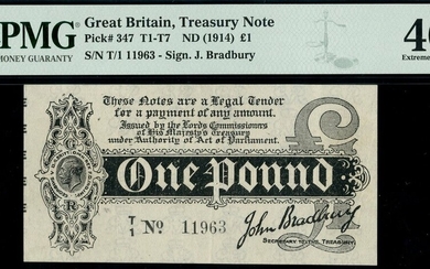 Treasury Series, John Bradbury, first issue £1, ND (7 August 1914), serial number T/1 11963, (E...