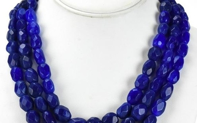 Triple Strand Necklace of Hand Cut Blue Sapphire