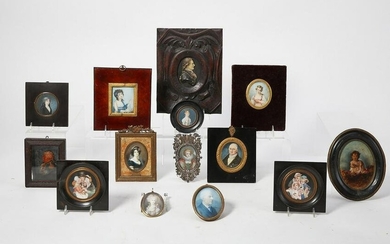 Twelve miniatures & two wax profile portraits