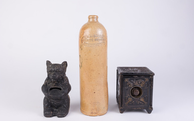 Two Cast Iron Antique Banks and Stoneware Bottle