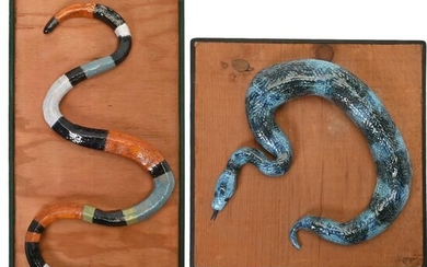 Two Ceramic Snake Sculptures Mounted on Board