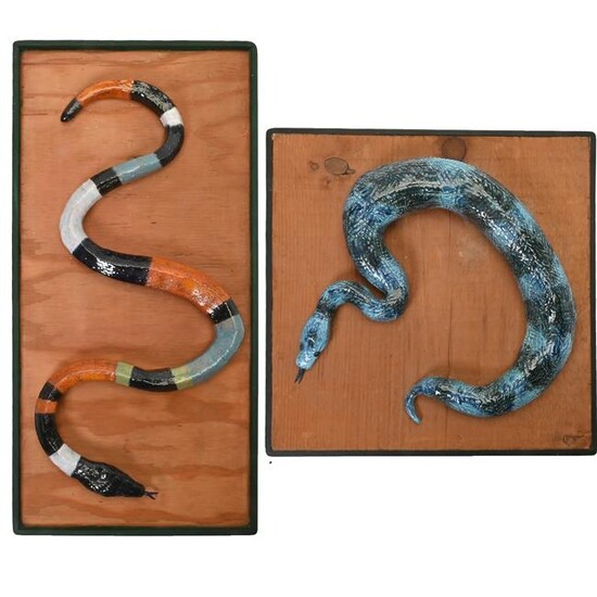 Two Ceramic Snake Sculptures Mounted on Board