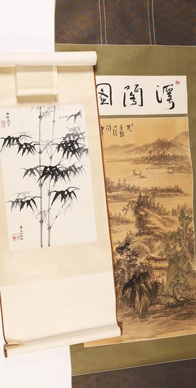 Two Chinese Paintings, Landscape and Bamboo, 20th Century/Modern FR3SHLM