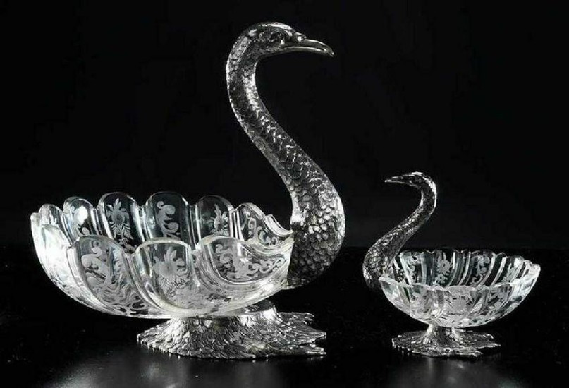 Two German 800 Silver and Cut Glass Swan Bowls