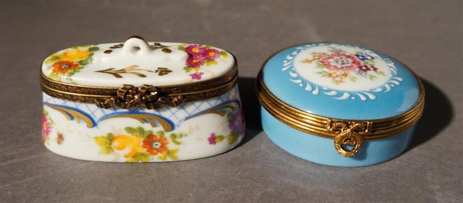 Two Limoges Type French Polychrome Porcelain Pill Boxes, L of larger: 2-5/8 inches