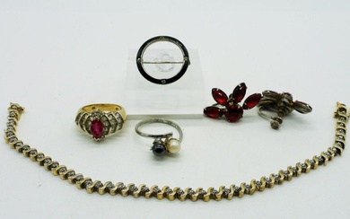 Two Vintage 925 Rings, Pin, Bracelet & Antique Red