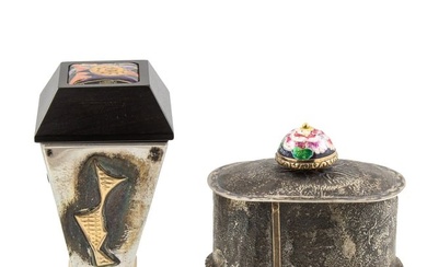 Two artisan studio enamel decorated sterling trinket boxes