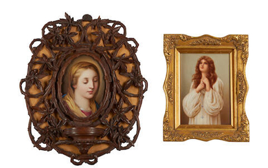 Two framed German porcelain plaques of religious women