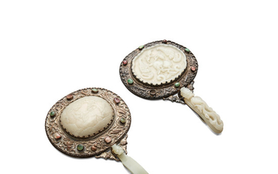 Two jade-mounted metal hand mirrors
