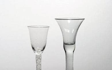 Two wine glasses c.1750-60, one with a bell bowl raised...