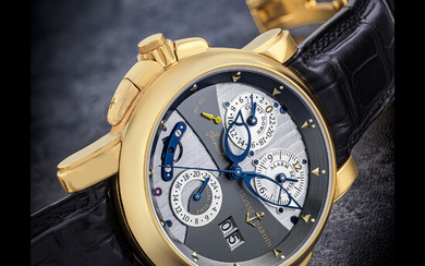 ULYSSE NARDIN. AN 18K GOLD AUTOMATIC DUAL TIME WRISTWATCH WITH SWEEP CENTRE SECONDS, DATE, ALARM AND COUNTDOWN INDICATION SONATA MODEL, REF. 666-88