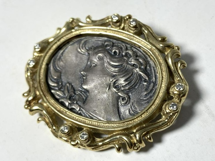 VICTORIAN 14KT YLW GOLD & DIAMOND CAMEO LADY PIN