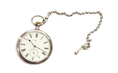 VINTAGE OMEGA SILVER POCKET WATCH WITH FOB CHAIN