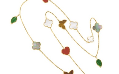 Van Cleef & Arpels Long Gold Mother-of-Pearl and Hardstone 'Lucky Alhambra' Necklace, France