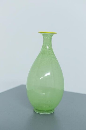 Vase by Venini in Murano Glass with Green Filigree