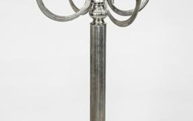 Very large five-flame standing candelabrum, 20th c., plated, round domed stand, fluted columnar
